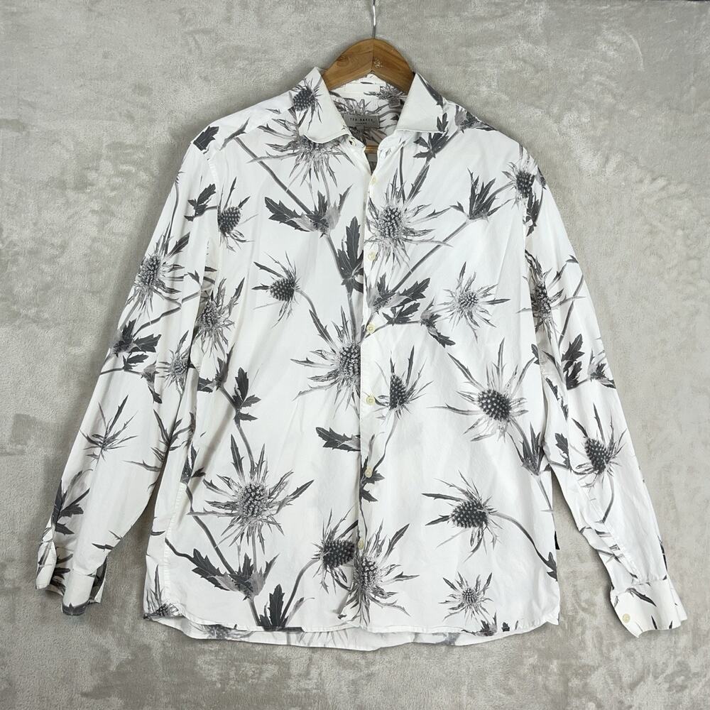 Ted Baker London Oldford Thistle Print Button-Up Shirt Mens XL Monochrome *read*